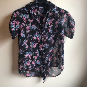Charlotte Russe Sheer Black Floral Front Tie Top